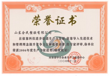 省級生產(chǎn)力促進(jìn)獎榮譽證書2006.12